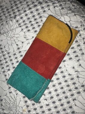 Suede Tri-Block Sunglasses Case in Mustard, Red & Teal